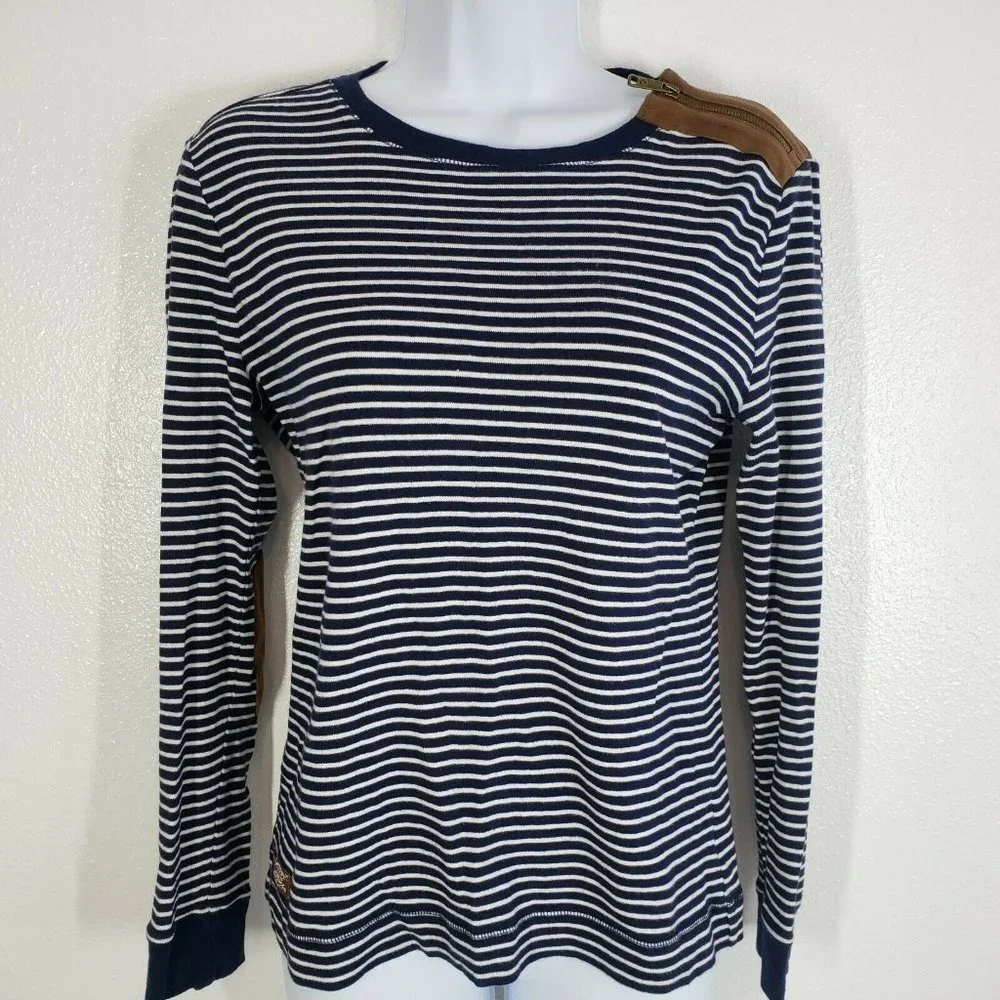 Lauren Ralph Lauren Womens top blue White Striped leather patch Shirt Medium‎ - Picture 7 of 10
